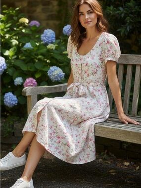 Polo by Ralph Lauren Cream Midi Dress with Pink Floral Print